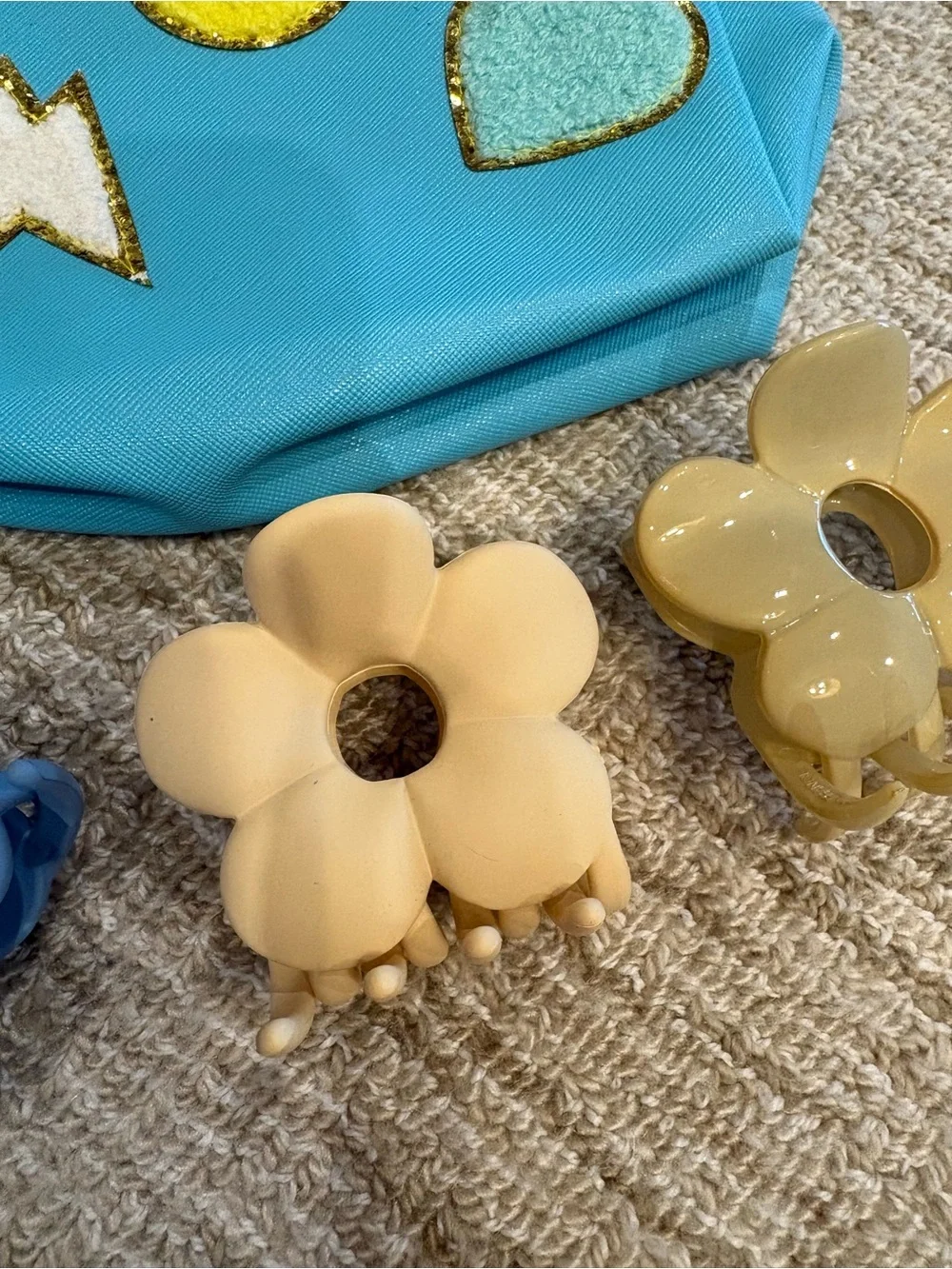 Blue Pouch with Flower Hair Clips